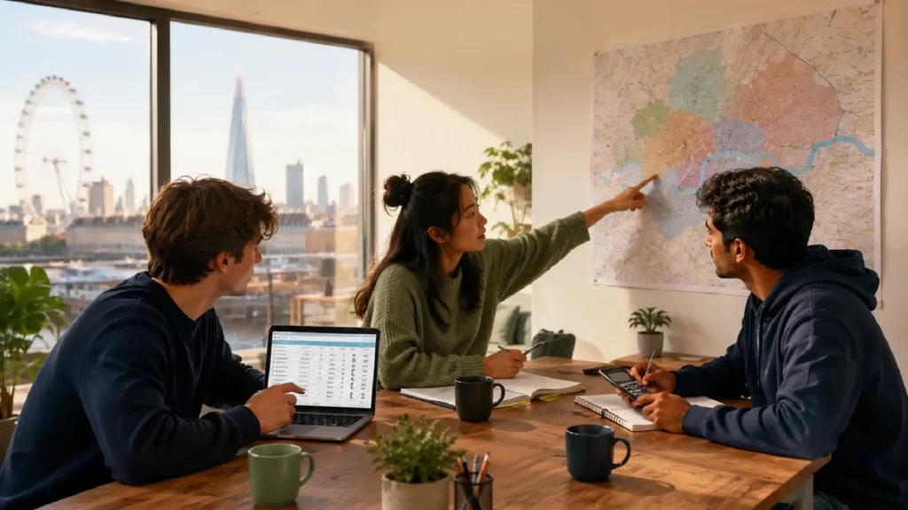 Diverse international students budgeting together in a modern London student accommodation with city landmarks visible through the window.