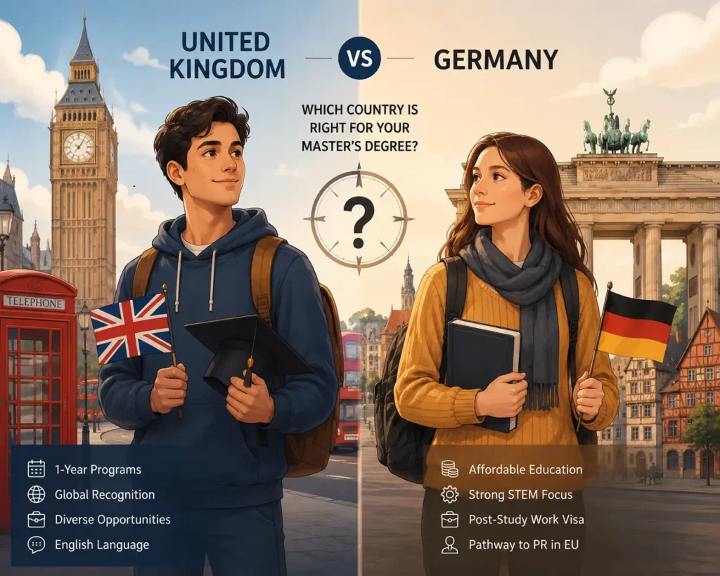 Illustration showing two students representing UK and Germany for Master's degree decision with Big Ben and Brandenburg Gate background